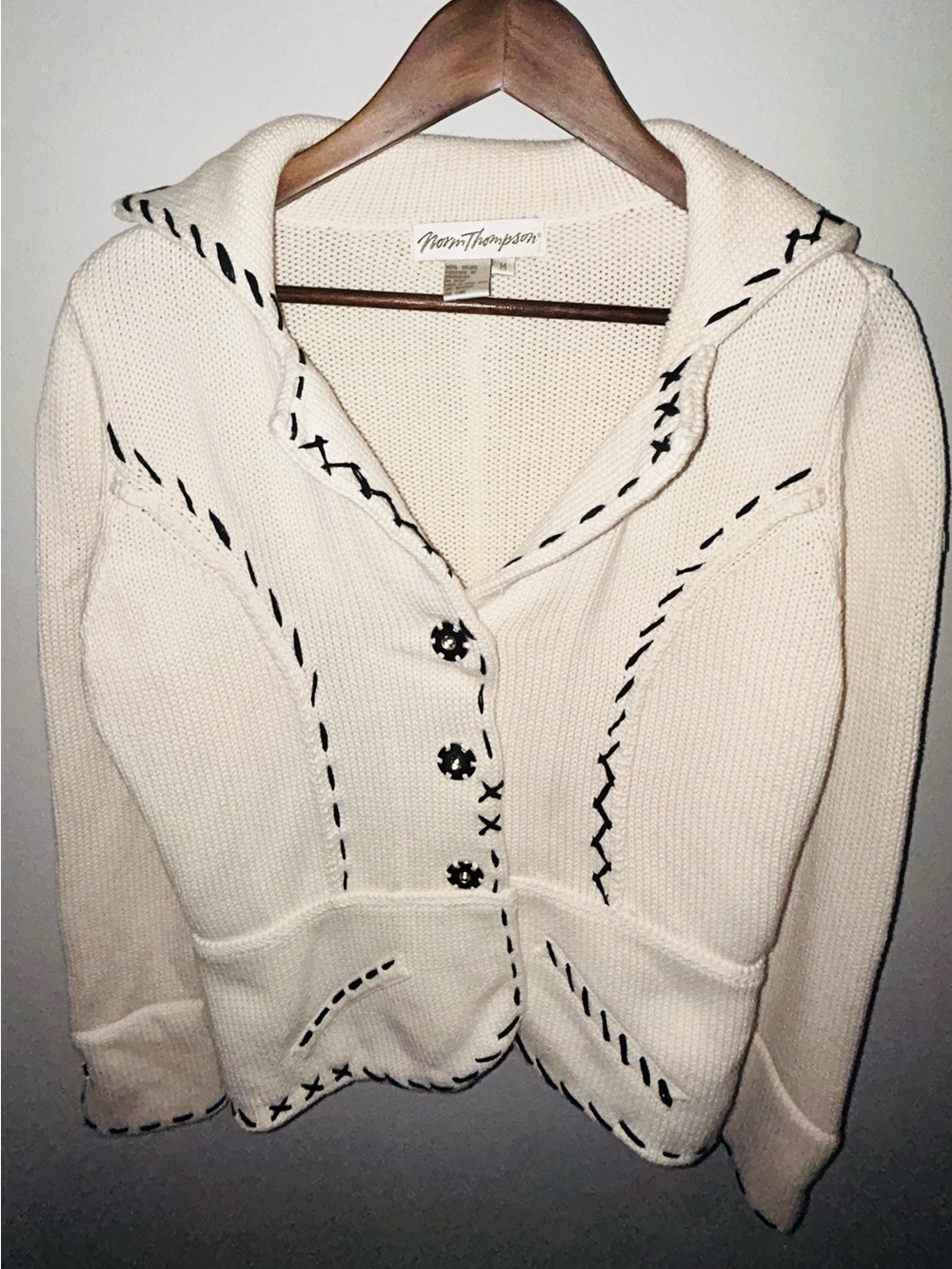 Norm Thompson Cream Hooded Cardigan with Black Trim
